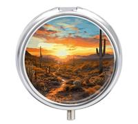 Saguaros at Sunset Pill Box 3 Compartment Round Small Pill Box for Pocket Purse Metal Travel Pill Case Portable Daily Pill Organizer Cute Compact Medicine Organizer Mini Pill Container