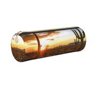 Saguaros at Sunset Printed Cylindrical Leather Pencil Case for Girls Boys, Gold Zipper Pencil Bag Pen Pouch Organizer for Student School Office College
