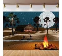 Sahara Desert Night Photography Backdrop ic Full Moon Star Background Starlight Holy Night Fire Camp Tent Camels Palm Tree 350x240CM