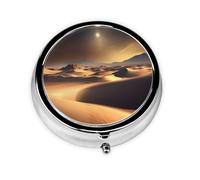 Sahara Desert Round Mini Pill Box: 3-Compartment Portable Metal Pill Organizer with Snap Closure, Ideal for Daily Travel Use