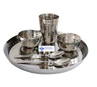 Sahishnu Online And Marketing Indian Dinnerware, Stainless Steel traditional Hammer Style dinner Set of Thali, Bowls,Glass and Spoons, Silver