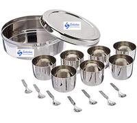 Sahishnu Online & Marketing Silver Traditional Indian Stainless Steel Spice Box, 8x8x3 Inches, 7 Cups & Spoons