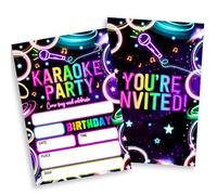 Sahjzk Karaoke Party Invitations, 20 Double-Sided Fill-In Neon Themed Music Party Birthday Invitation with Envelopes for Boys Girls, Party Invite Cards (4×6 inch)-B07
