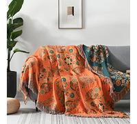 SahSahCasa 100% Cotton Throw Blanket Queen Size, Orange Muslin Throw Queen Blanket for Couch Chair Sofa Bed, Soft Reversible Bohemian Decor for Outdoor and Indoor, Orange/Dark-Green, 90x98 Inch