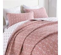SahSahCasa California King Quilt Set, 100% Cotton, Oversized Cal King Comforter Set, Botanical Chic Lightweight Quilted Bedspreads, Reversible Bedding Set, White/Old Rose, All Season, 3 Pieces