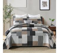 SahSahCasa, Queen Bedding Set, 3Pcs, 100% Cotton, Farmhouse Patchwork Quilt, Plaid Reversible, Grey/Black/Brown/White, All-Season Use, Lightweight, Washable