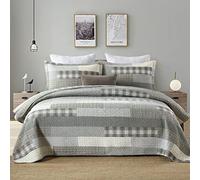 SahSahCasa Quilt King Size, King Quilt Set, 100% Cotton King Quilt Bedding Set Bedspreads, Farmhouse Reversible Patchwork Lightweight Plaid Quilts Bedspread for All Season, Grey/Cream, 3 Pieces