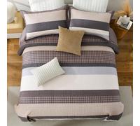 SahSahCasa Quilt Queen Size, 100% Cotton Queen Quilted Comforter, Striped Quilt Bedspreads, Farmhouse Reversible Patchwork Lightweight Comforter Bed Spread for All Season, Brown/Beige, 3pcs