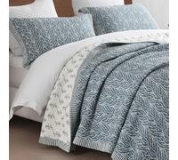 SahSahCasa Quilt Set King Size, 100% Cotton Quilt Bedding Set Bedspread, Botanical Pattern Solid Color Chic Lightweight Quilted Comforter for King Bed, White/Grayish-Blue, All Season, 3 Pieces