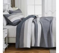 SahSahCasa Quilt Set King Size, 100% Cotton Quilt Bedding Set Bedspread, Striped Pattern Chic Lightweight Quilted Comforter for King Bed, Gray, All Season, 3 Pieces