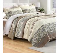 SahSahCasa Quilt Set Queen Size, 100% Cotton, Queen Comforter Set, Striped Quilted Bedspreads, Farmhouse Queen Bedding Set, Reversible Lightweight Bed Spread for All Season, Brown/Beige/Gray, 3pcs