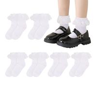 Sahunfri 6 Pairs Frilly Lace Ankle Socks,Girls White School Socks with Delicate Lace Trim and Cute Bows,Perfect for Dressing up School Parties Everyday (UK, Age, 3 Years, 6 Years, Regular, White)