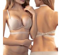 Sahunfri Backless Bras for Women, Deep U Low Back Halter Bra with Multiway Straps - Seamless Non Wired Breathable Fabric Bra for Women (UK, Cup & Band, XL, A, 36, Regular, Regular, Nude)