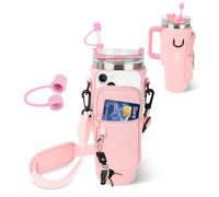 Sahunfri Bottle Bag for Stanley Cup 40oz, Water Bottle Holder fits Stanley Cup with Silicone Straw Cover, Adjustable Strap, Phone Pocket, Accessories for Stanley Cup for Walking, Travel (Pink)