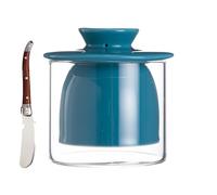 SaiDuoDuo Porcelain Butter Dish, Butter Jar with Glass Cover and Stainless Steel Butter Knife, Butter Crock for Counter with Water Line,Blue Green