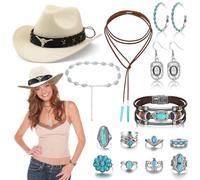 Saier tbo 14Pcs Western Cowboy Accessories Kit for Women, White 70s Cowgirl Costume Set with Cowboy Hat Earrings Necklaces Waist Chain for Halloween Carnivals Theme Cosplay