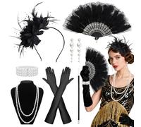 Saier tbo 1920s Flapper Great Gatsby Accessories Set, 20s Vintage Flapper Costume Kit with Headband Gloves Necklace Folding Fan Handheld Prop for Women Girl Carnival Halloween Christmas Retro Party