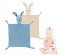 Saier tbo 2Pcs Organic Cotton Baby Comforter, Soft Muslin Bunny Security Blanket Personalised Newborn Infant Toy Blanket for Boy Girls Nursery Strollers Cribs Car Seats(Blue&Khaki)
