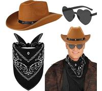 Saier tbo 3Pcs Cowboy Hat Accessories Set, Unisex Western Cowboy Fancy Dress with Wide Brim Hat Paisley Bandanna Heart Shape Sunglasses for Adult Cosplay Masquerade Halloween Parties