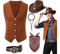 Saier tbo 5Pcs Men’s Cowboy Costume Outfits, Western Cowboy Fancy Dress with Waistcoat Wide Brim Hat Belt Paisley Bandanna Necklace Wild West Accessories for Adult Cosplay