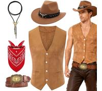 Saier tbo 5Pcs Men’s Cowboy Costume Outfits, Western Cowboy Fancy Dress with Waistcoat Wide Brim Hat Belt Paisley Bandanna Necklace Wild West Accessories for Adult Cosplay