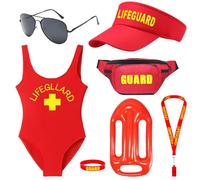 Saier tbo 7Pcs Lifeguard Costume Set, Bay Watch Costume Kit with Bodysuit Hat Inflatable Board for Adults Beach Pool Halloween Cosplay Party