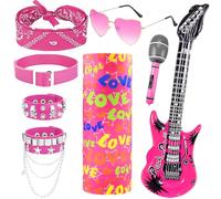 Saier tbo 8Pcs Heavy Metal Rocker Costume Set, Punk Gothic Fancy Dress Accessories with Inflatable Guitar Microphone Bracelets Collar Glasses Bandana Mask for Women Men Adult Cospay Party