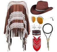 Saier tbo 8Pcs Western Cowboy Costume Set, Cowboy Outfit Accessory Kit with Poncho Hat Sunglasses Paisley Bandanas Necklace Badge Bracelet for Men and Women Halloween Carnival Parties