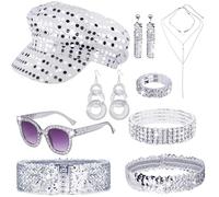 Saier tbo 9Pcs 70s Silver Abba Accessories Set, Glitter Disco Fancy Dress Costume with Abba Hat Sequin Headband Sunglasses Earrings Necklace Ring Bracelet Belt for Women Hippie Theme Party Carnival