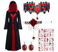Saier tbo Halloween Vampire Costume Accessories, Vintage Witch Fancy Dress Set with Gothic Lace Choker Bracelet Earrings Scars Tattoos Hooded Medieval Dress Cosplay Outfits for Women Adult