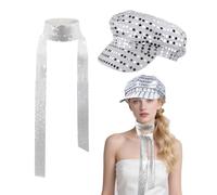 SAIIURV 2 Pcs 70's Disco Adult Hat Cap, Skinny Long Neckerchief, Disco Costume Set, Abba Accessories Women with Sequins Hat Bling, Fancy Dress Silver Sequin Shiny Stag/Hen Party Night (Silver)