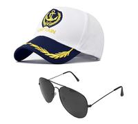 SAIIURV 2 Pcs Captain Sailor Set, Adjustable Sailor Costume Cosplay Hat, Gold Embroidery Anchor Skippers Cap, Sunglasses, Captain Yacht Hat, Navy Sailor for Club Pub Party Costume Accessory (White)