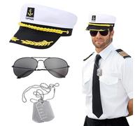 SAIIURV 3 Pack Captain Costume Fancy Accessory, Yacht Captain Hat Sailor Ship Cap with Gold Embroidered Anchor and Dog Tags Sunglasses, Nautical Marine Navy Outfit for Adults Cosplay Party Festival