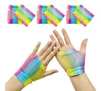 SAIIURV 3 Pairs Rainbow Short Fingerless Fishnet Gloves for Women Girls, Women's Retro Mesh Glove 80s Half Finger Gloves Neon Party Costume Accessories for Cosplay Festival Fancy Dress Glove