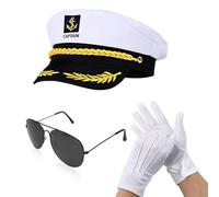 SAIIURV 3 Pcs Captain Yacht Hat, Captain Sailor Set with Hat, Gloves, Sunglasses, Navy Captains Sailors Costume Hats, Embroidery Anchor Skippers Cap for Club Pub Party Costume Accessory (White)