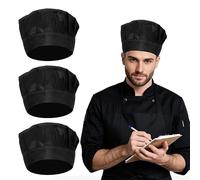 SAIIURV 3 Pcs Unisex Elastic Chef Hat, Adjustable Elastic Kitchen Chef Cap, Pizza Hat Cooking Hats Catering Hat Cotton Chef Cap, (UK, Alpha, One Size, Black)