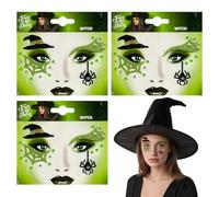 SAIIURV 3 Sheets Halloween Face Stickers Waterproof Temporary Tattoos for Kids Adults, Witch Face Jewels Halloween Rhinestone Self Adhesive Glitter Face Paint for Festival Parties Cosplay (Green)