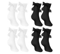 SAIIURV 4 Pairs White and Black Frilly Ankle Socks for Women Girls, Fairy Ballet Bows Lace Top Ruffle Socks Crew Princess Style Dress for School Cosplay Party Festival