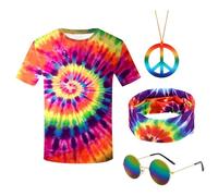 SAIIURV 4 Pcs Hippie Costumes T-Shirt, Sunglasses Peace Necklace Headband, Mens & Womens Pop Hippie 70s Disco, Rock Star Party, 1980s Fancy Dress for Retro Theme Party Cosplay Dress Up (Multicolor)