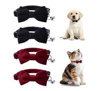 SAIIURV 4 Pcs Velvet Bowtie Cat Collar, Soft Kitten Collars with Detachable Bow Tie and Bell, Adjustable, Quick Release Safety Collars for Kitten and Cats, Solid Wedding Cat Collar (Red, Black)