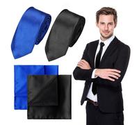 SAIIURV 4 Pieces Men's Solid Tie Handkerchief Set, Black and Blue Satin Necktie and Pocket Square Handkerchief Set for Wedding Graduation School Uniforms (Black + Blue)