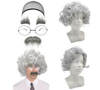 SAIIURV 5 Pcs Old Man Costume Set, Grey Wig with Beard Glasses Hair Net for Wigs, Mens Wig Scientist Professor Grandpa Costume for Cosplay Party Halloween Carnival (Gray)