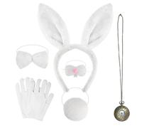 SAIIURV 6 Pieces Child Adult White Bunny Costume Set, Bunny Ears and Tail, Nose, Bow Tie, Gloves, Clock, White Rabbit Costume Fancy Dress for Easter Carnival Halloween Party (6 Pcs)