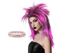 SAIIURV Hot Pink Punk Wig Set for Adult Long Straight 70s 80s Mullet Rocker Wig With Pink Choker for Men Women, Rock Star Hippie Costume Accessories for Fancy Dress Party Festival (Pink)
