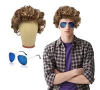 SAIIURV Mens Wigs Short Curly Fluffy Layered Natural Handsome Hair Wig 70s 80s Disco Cosplay Daily Use Fancy Dress Rocking Dude(Brown)