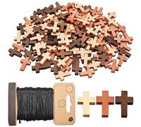 Saijer Wood Cross Pendants,150 PCS Natural Wood Cross with 1 Roll 20M Waxed Polyester Cord 3 Color Blessing Cross Charm Spacer Beads Mini Cross Beads for Party Sunday School DIY Craft Jewelry Making