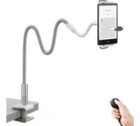 SAIJI 100CM Gooseneck Kindle Holder with Remote Page Turner, Tablet Holder for Bed, 100 cm Flexible Lazy Arm，Free Hands Kindle Accessories, Leather Tablet Stand for Reading in Bed, Gray