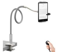 SAIJI Gooseneck Kindle Holder with Remote Page Turner, Tablet Holder for Bed, 100 cm Flexible Lazy Arm，Free Hands Kindle Accessories, Grey Leather