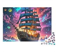 Sailboat 1,000 Piece Jigsaw Puzzle for Adults Sailing Ship Under Cosmic Sky And Planets Premium Thick Sturdy Challenging Stress Relief Family Game 52x38cm/1000pcs