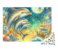 Sailboat 1000 Piece Birthday Gift Puzzle for Adults Three Dolphins Under Full Moon in Ocean Premium Thick Sturdy Vibrant Challenging Stress Relief 38x26cm/1000pcs